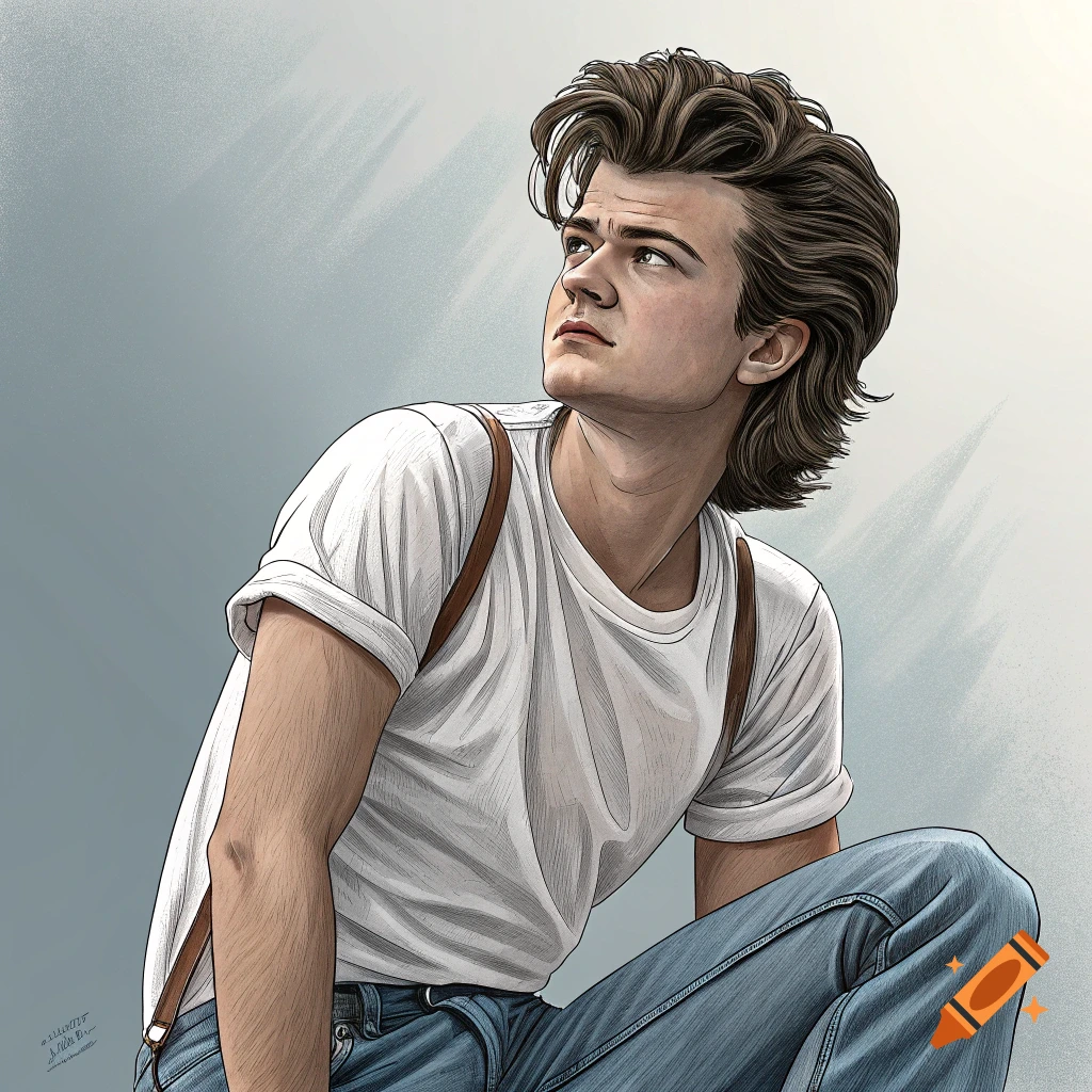 Illustration of a young man looking up, wearing a white t-shirt, jeans, and suspenders.