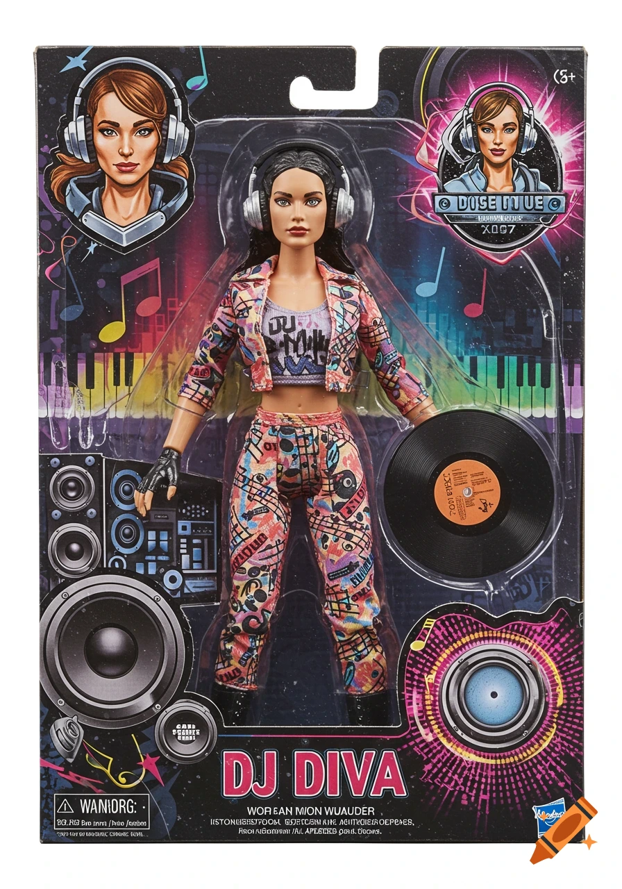 DJ Diva action figure in box with headphones, colorful outfit, and record accessory.