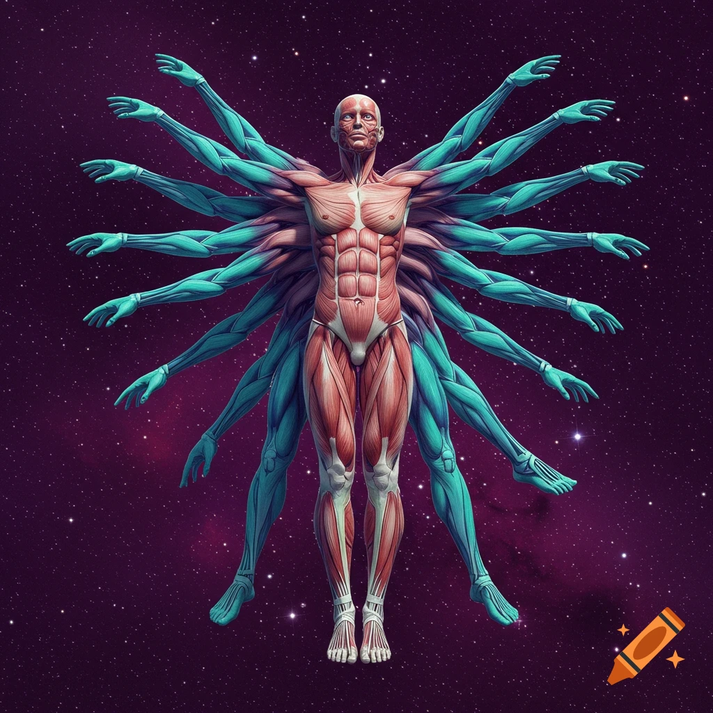 Detailed anatomical figure with many arms and legs against a purple starry background, digital art