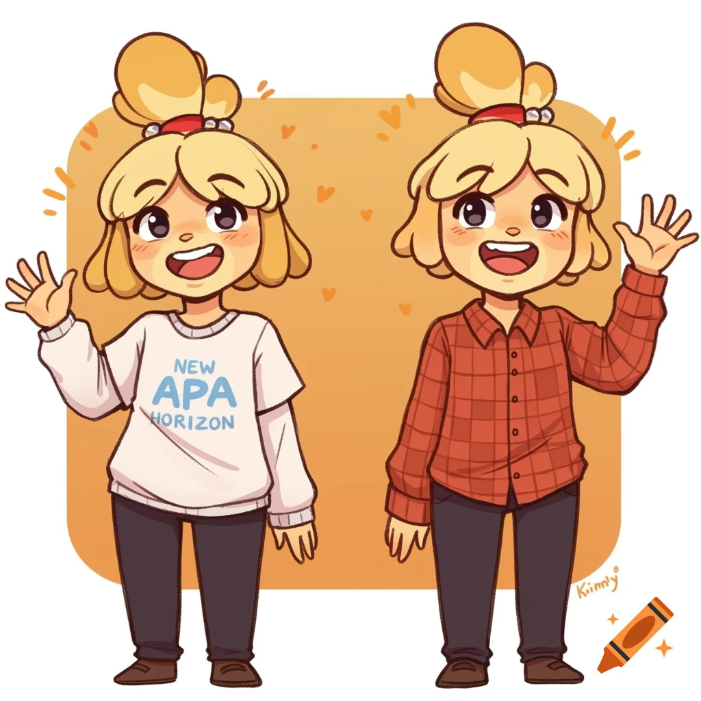 Digital drawing of two smiling Isabelle characters from Animal Crossing waving, one in a white t-shirt, the other in a red checkered shirt.