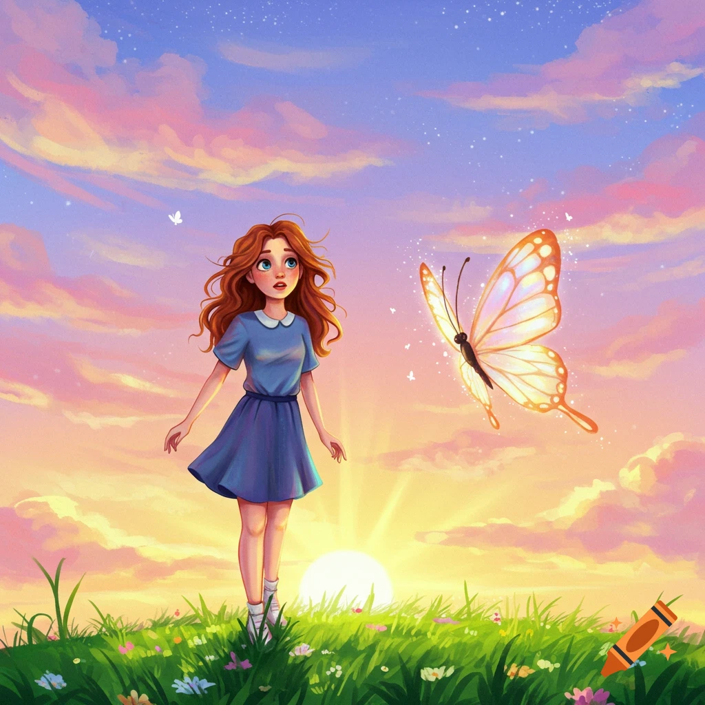A girl looks at a glowing butterfly in a field at sunset.