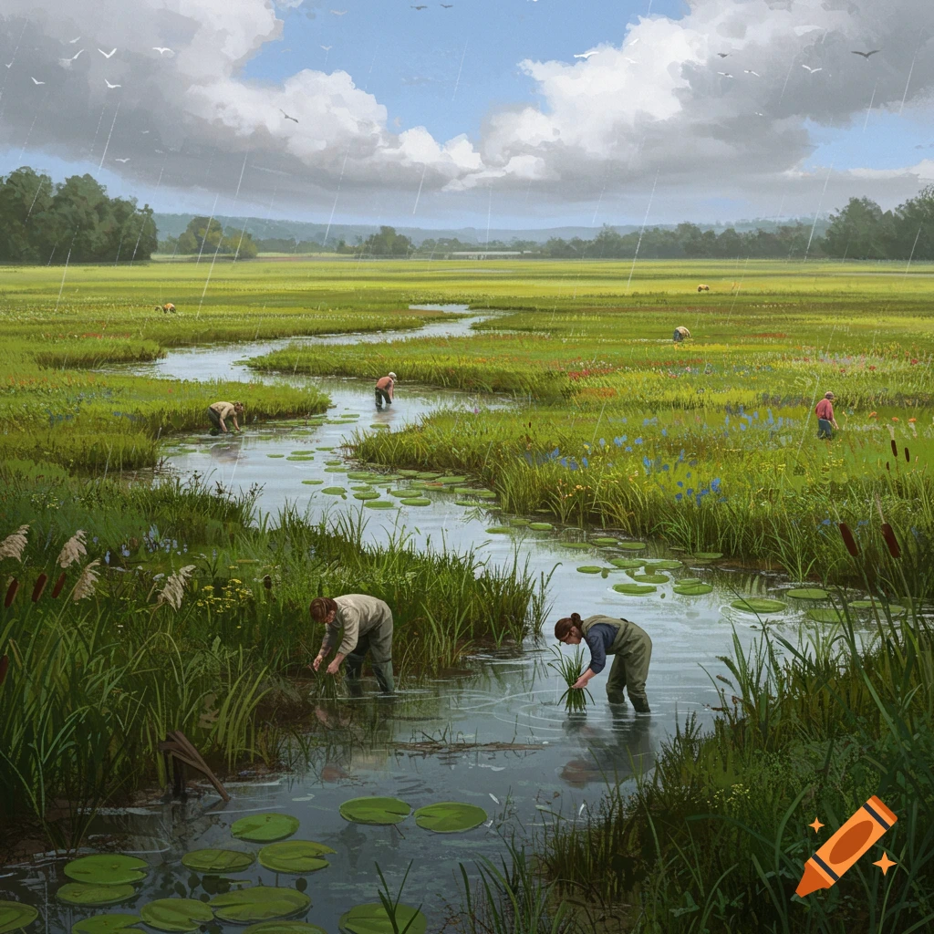People planting grasses in a wide wetland with a stream and lilies, under a cloudy, rainy sky.