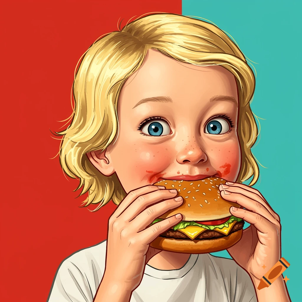 Stylized image of a child eating a hamburger against a red and blue background.