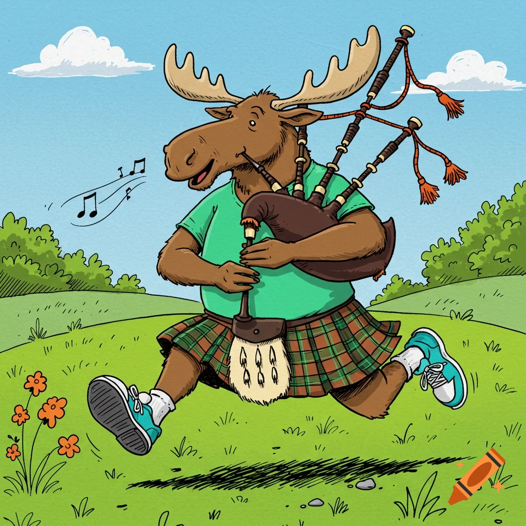 Cartoon moose in a kilt and green shirt playing bagpipes while running in a field