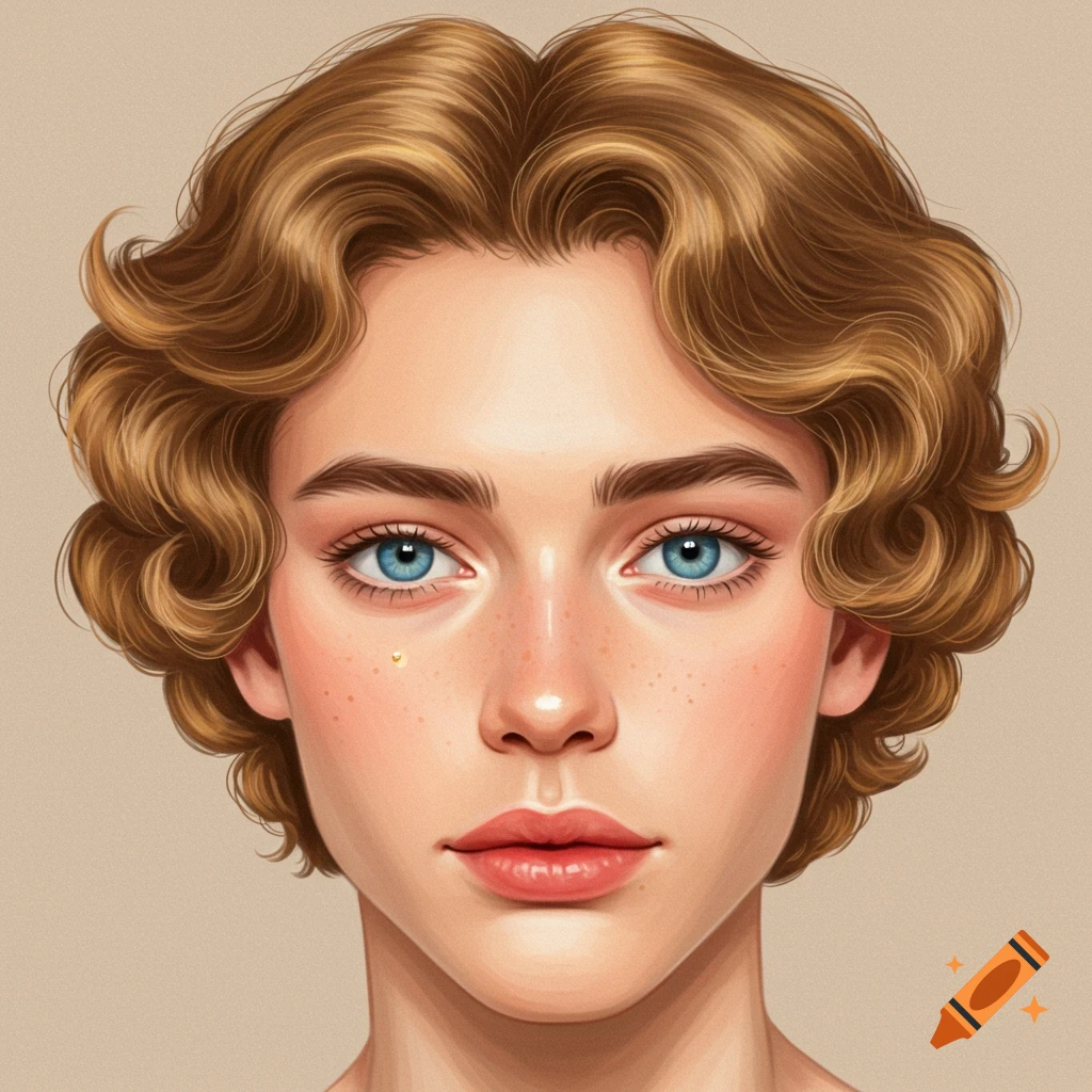 A face with blue eyes and light brown curly hair.