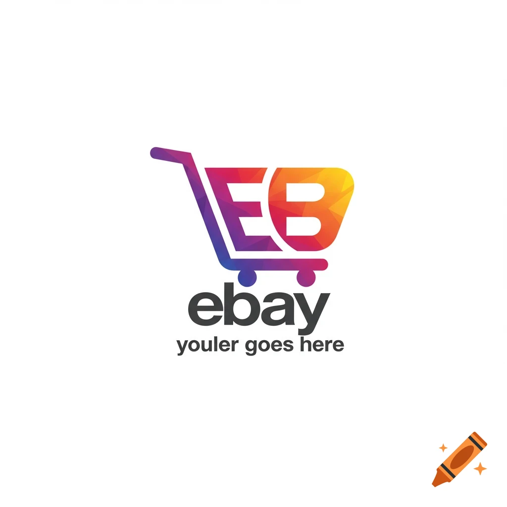 Logo with a shopping cart shape made from gradient EB letters, with 'ebay youler goes here' text.