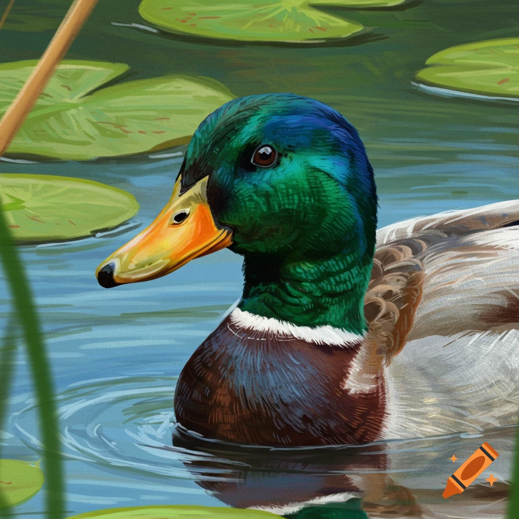 A mallard duck swims in water surrounded by lily pads.