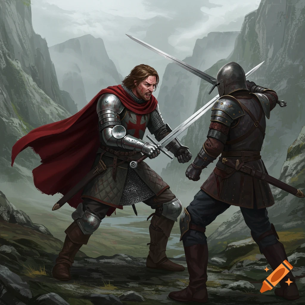 Two knights in armor sword fighting in a misty valley.