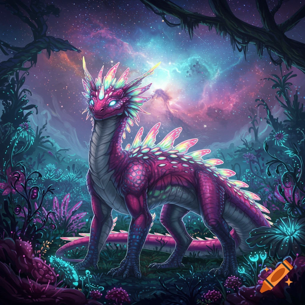 A vibrant pink and green fantasy creature in a glowing forest under a cosmic sky.