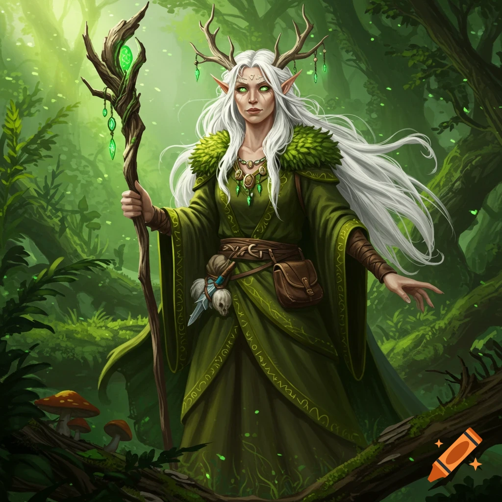 A woman with white hair, antlers, and a staff in a forest.