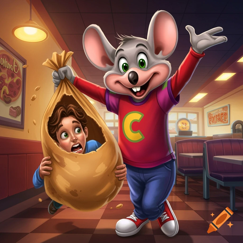 Chuck E. Cheese holding a sack with a surprised child inside a restaurant.
