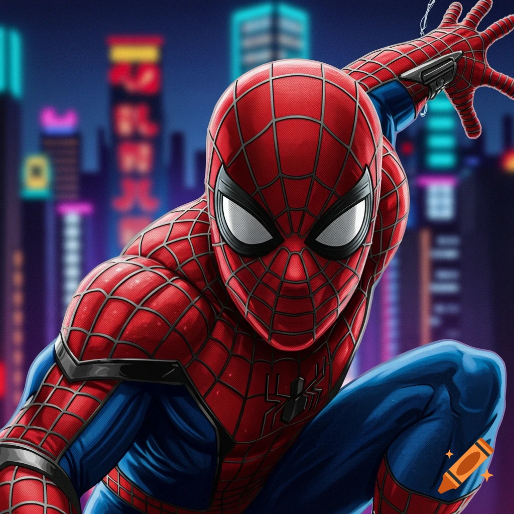 Spider-Man crouching in front of a blurry city skyline at night.