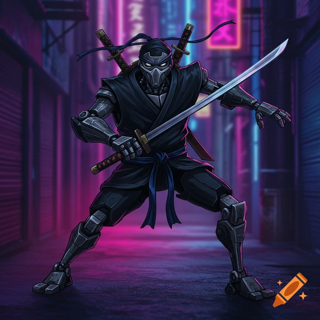 A cartoon style robot ninja poses with a sword in a neon-lit city alley.