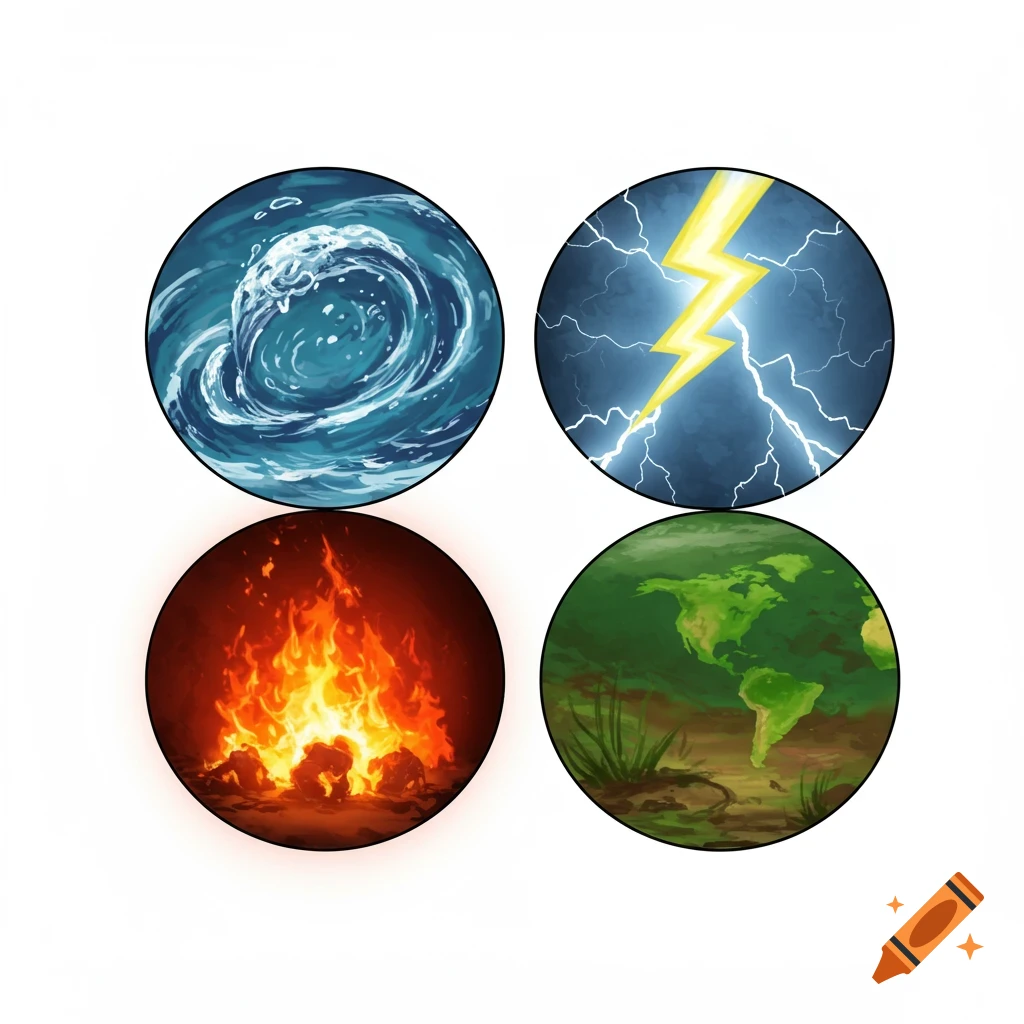 Four circles depicting elements: swirling water, a lightning bolt, fire, and a green earth with continents.