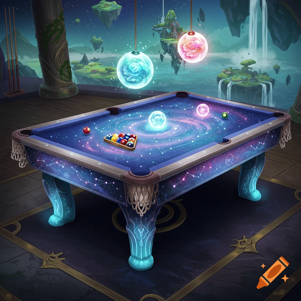 A magical fantasy pool table with a cosmic surface sits in a room overlooking floating islands.