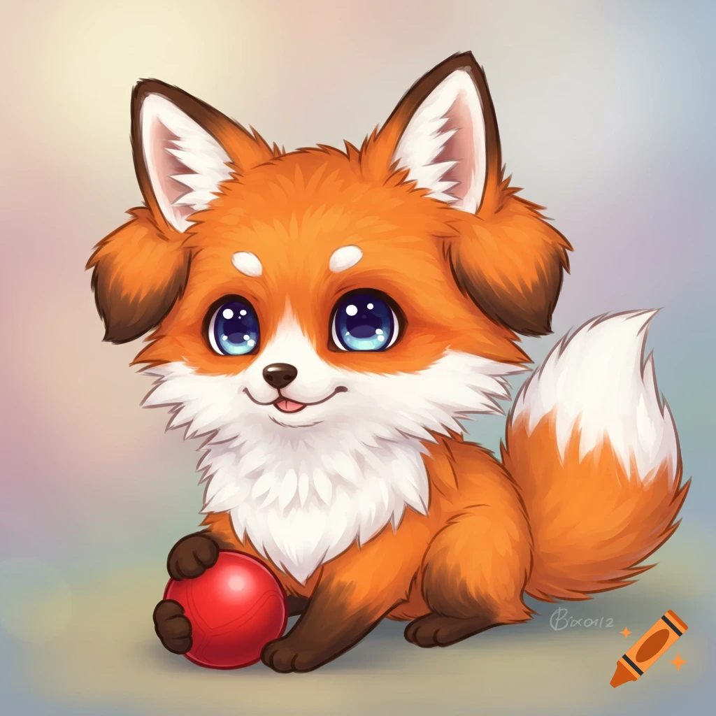 Cute chibi cartoon fox-dog hybrid holding a red ball.