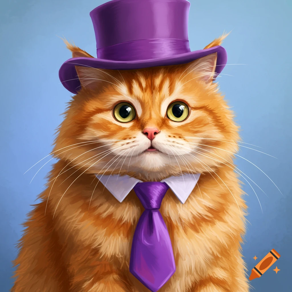 An orange cat wearing a purple top hat and tie.