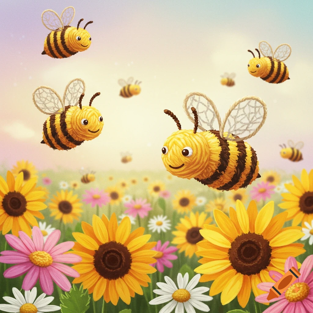 Smiling yarn bees flying over a field of colorful sunflowers and daisies.