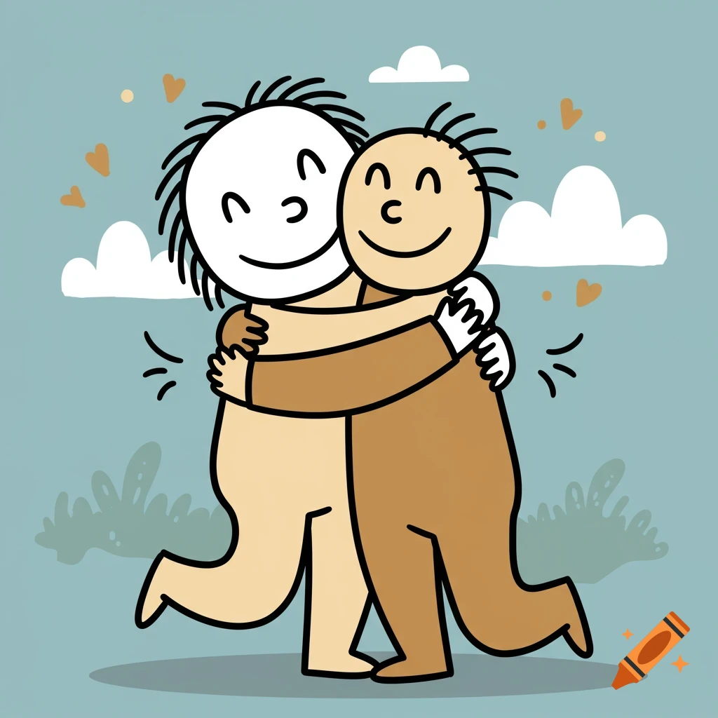 Simple cartoon drawing of two stylized figures hugging.