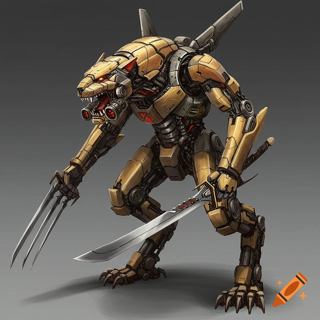 A golden robotic creature with a cat-like head, claws, and a sword.