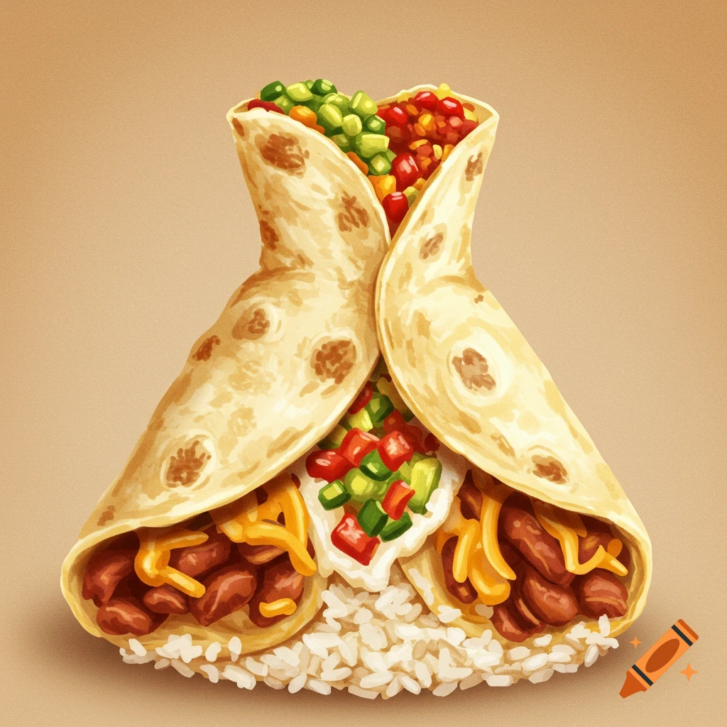 Burrito shaped like a dress filled with food ingredients on a brown background.