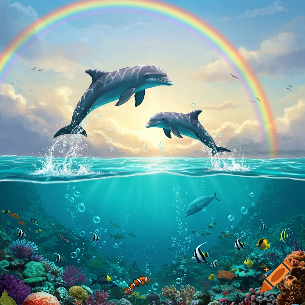 Two dolphins leaping from the ocean under a rainbow, with colorful marine life visible underwater.
