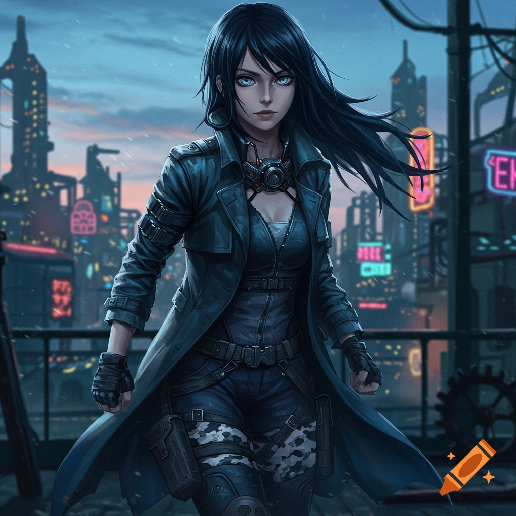 A young woman in a trench coat stands on a rooftop overlooking a neon-lit cyberpunk city at dusk.