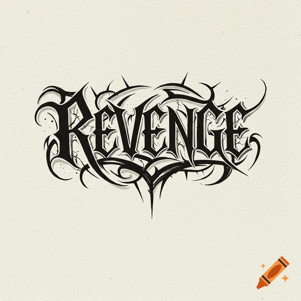 Stylized black and white text graphic reading 'REVENGE' with spikes and flourishes.