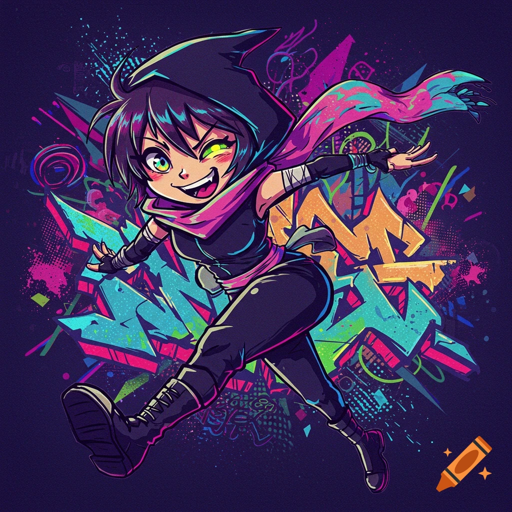 Cartoon ninja girl with a scarf jumping against a vibrant graffiti background with paint splatters.