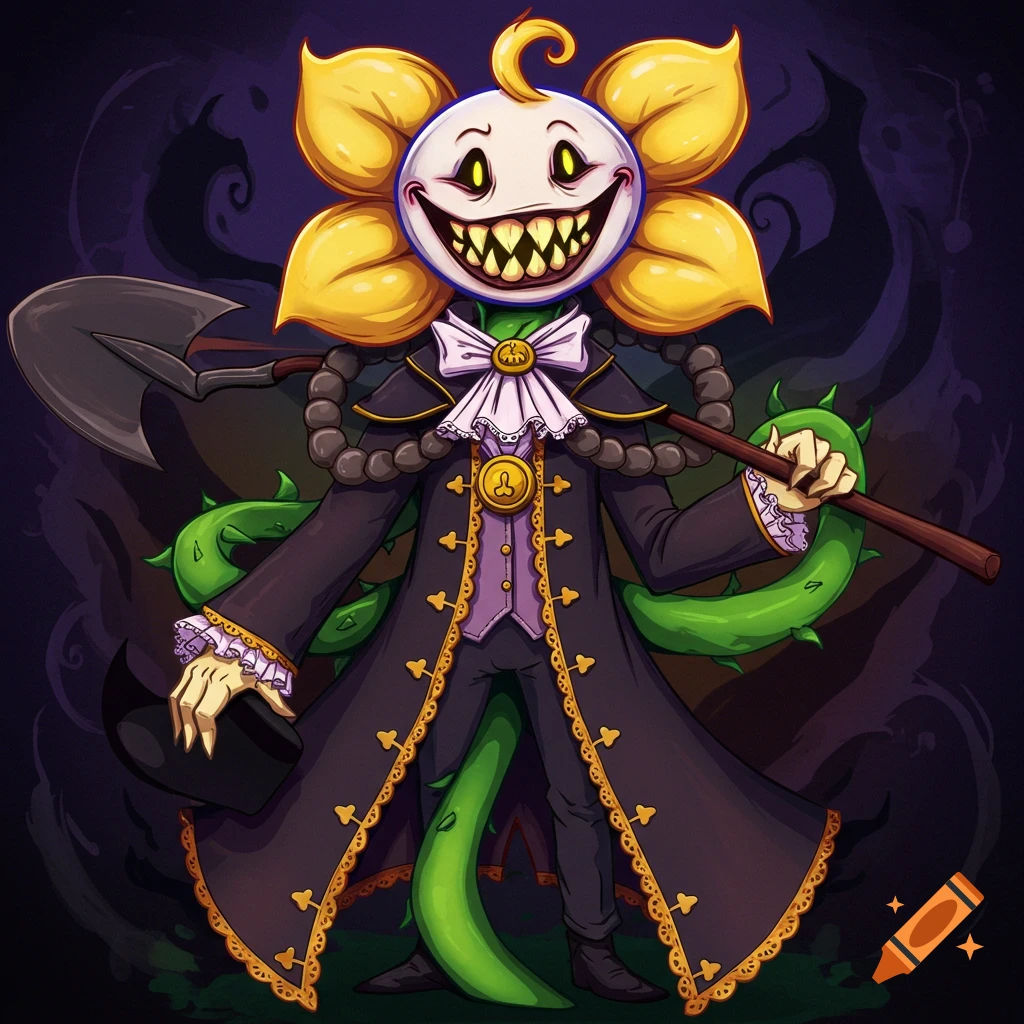 The character Flowey from Undertale is depicted wearing a dark coat, and holding both a shovel and a stick.
