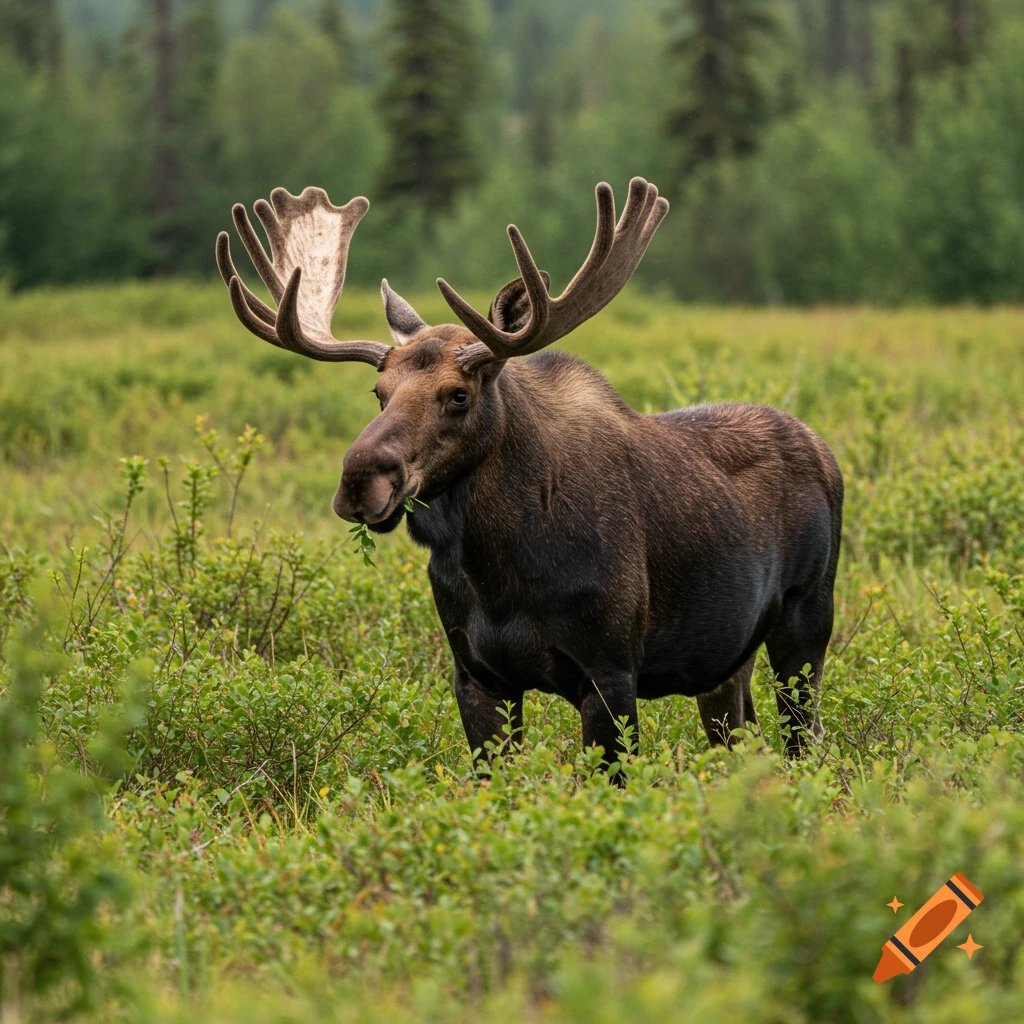A large moose with antlers stands in a grassy field, eating.