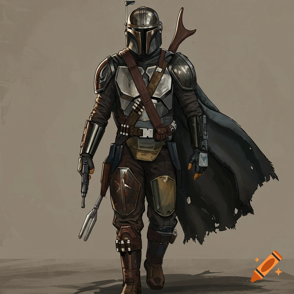 A character in dark and silver Mandalorian armor is walking, holding a rifle and a spear.