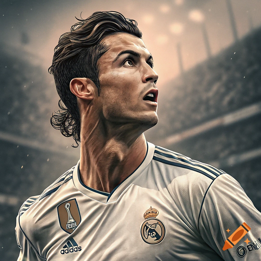 Close-up portrait of soccer player Cristiano Ronaldo in a white jersey, looking up in a stadium.
