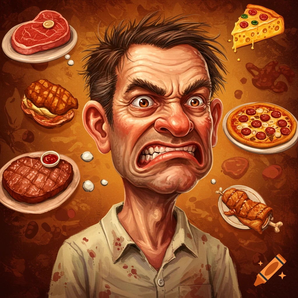 Cartoon illustration of an angry man thinking about food like steak, pizza, and chicken.