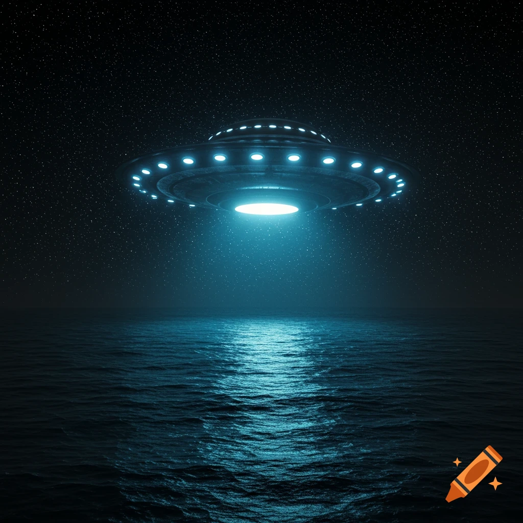 A glowing UFO hovers over a dark ocean at night, reflecting blue light on the water.