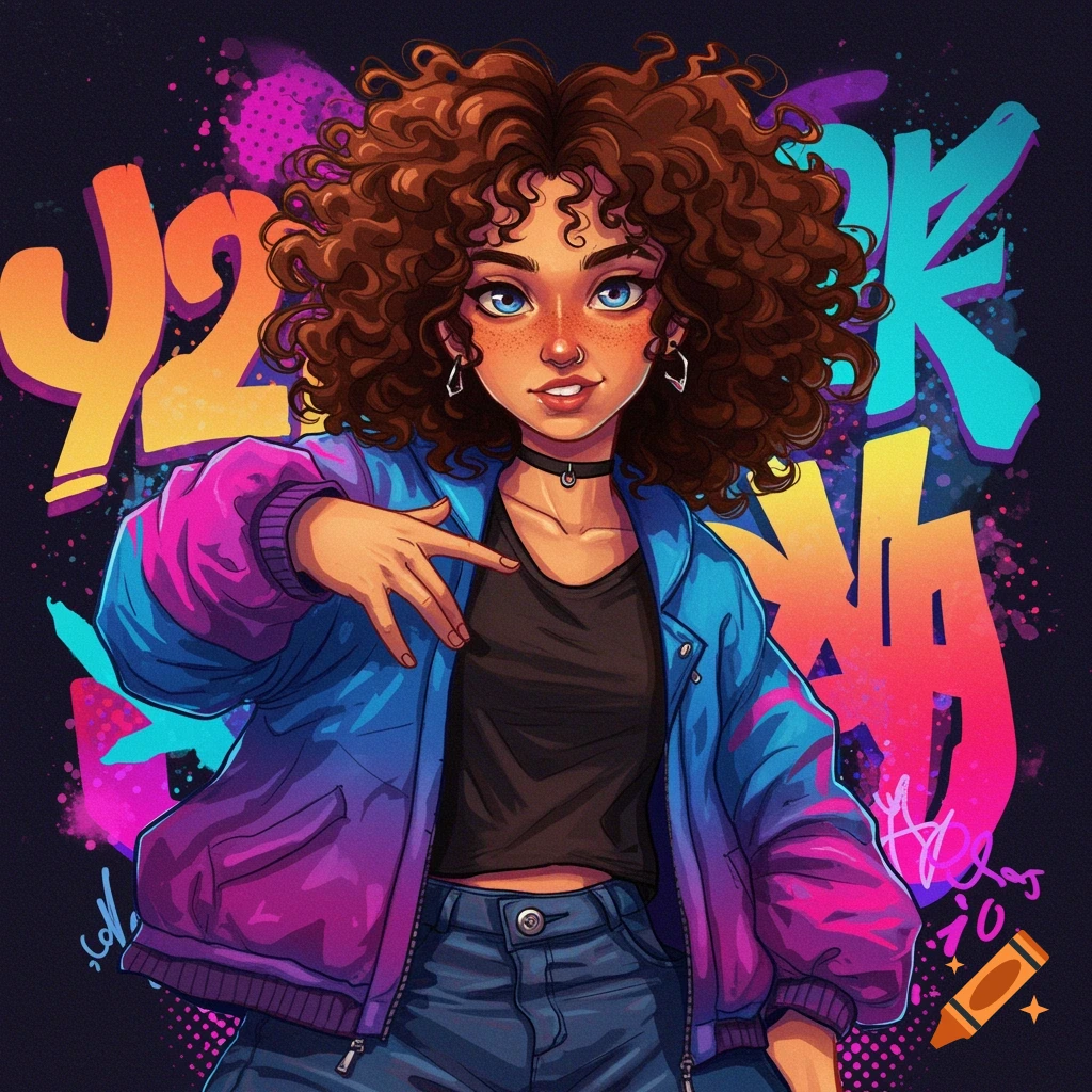 A young woman with curly hair and blue eyes, wearing a jacket and jeans, stands in front of colorful graffiti including 'Y2K'.
