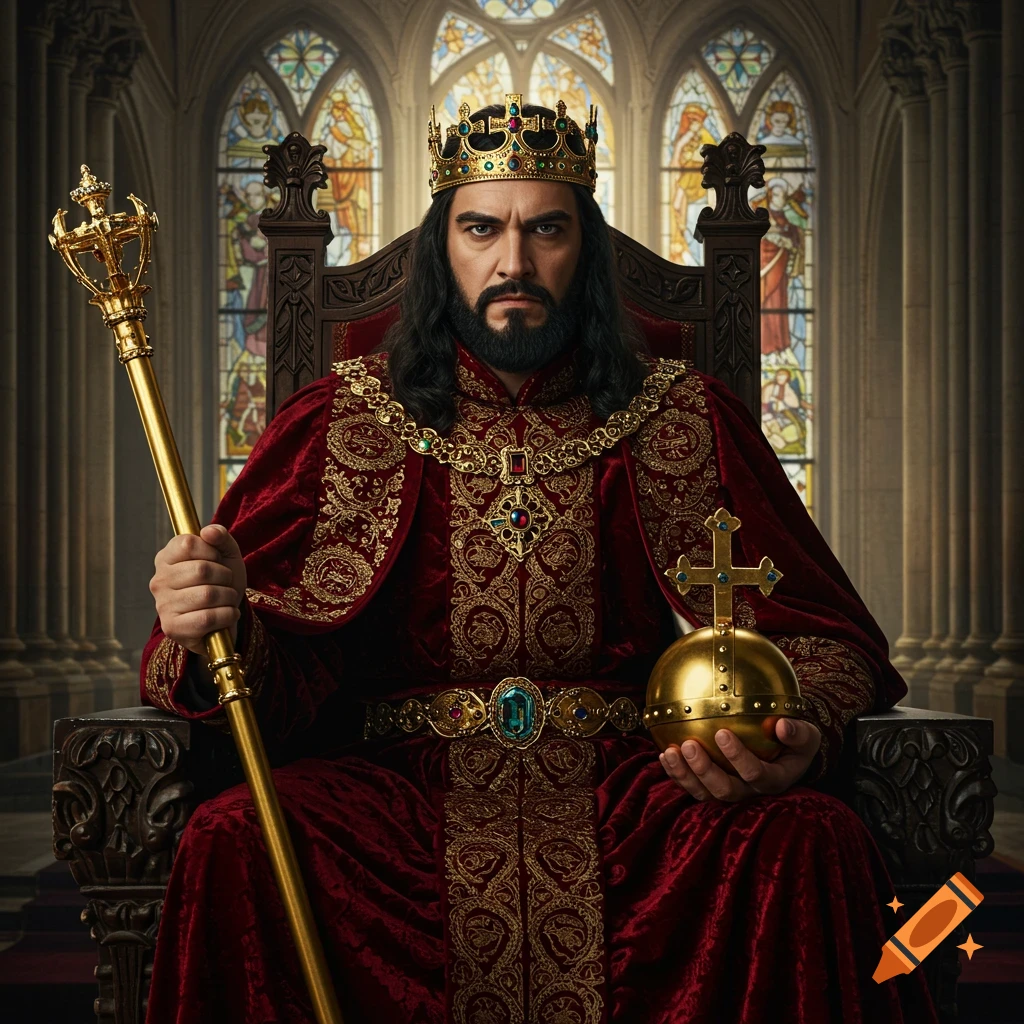 A regal king in red robes and crown sits on a throne holding a scepter and orb in a room with stained glass windows.
