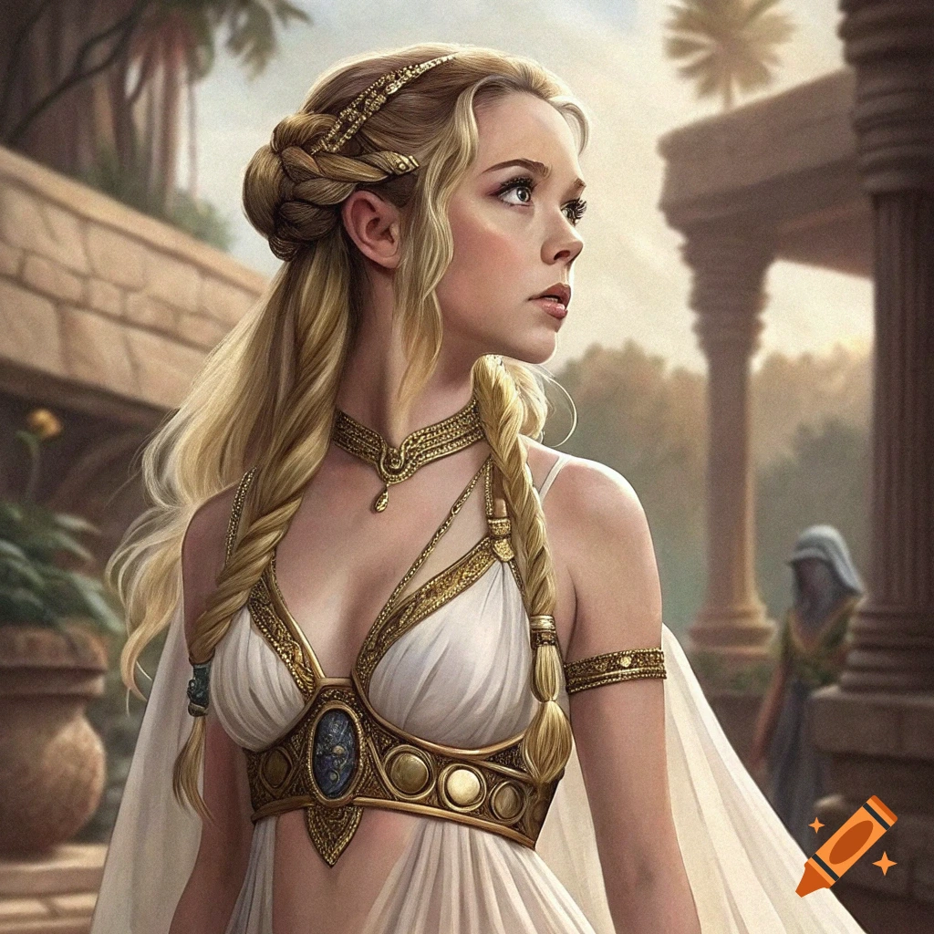 Portrait of a woman in a fantasy costume with braided hair and gold details in an ancient setting.