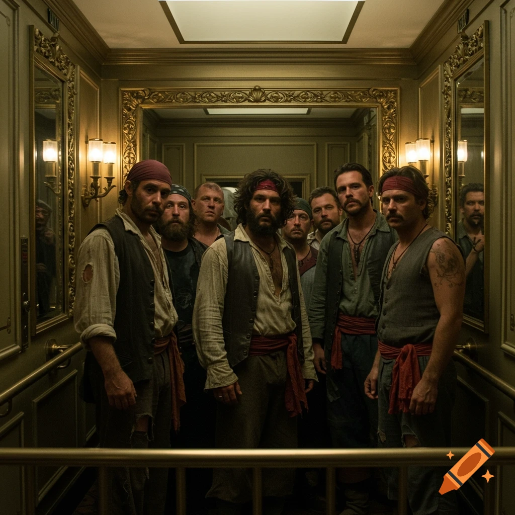 Photorealistic image of several pirates waiting in a fancy, ornate hotel elevator.