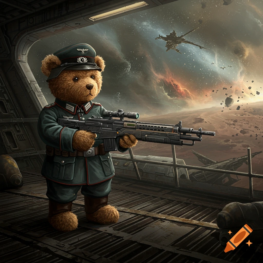 A teddy bear in a military uniform with a rifle stands on a spaceship overlooking a space battle.