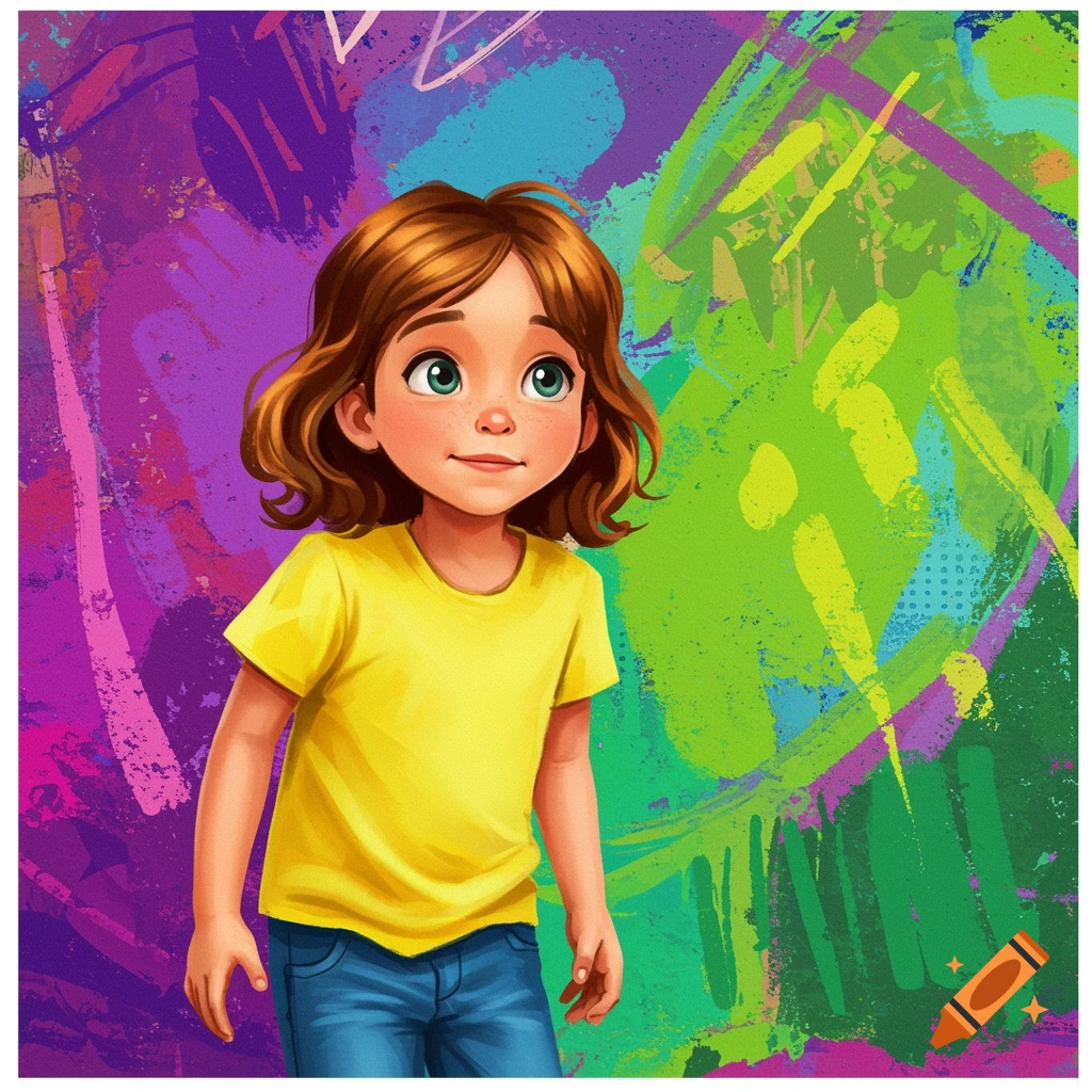 Cartoon girl in yellow shirt against a vibrant abstract background.