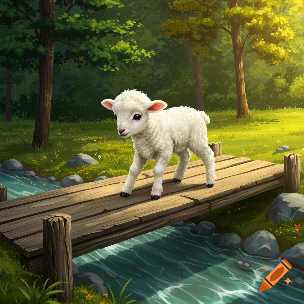 A little lamb walks across a wooden bridge over a stream in a sunny forest.