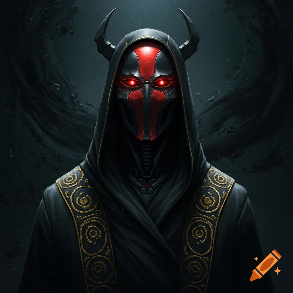 A figure in a black hooded robe wears a red and black mask with glowing red eyes.