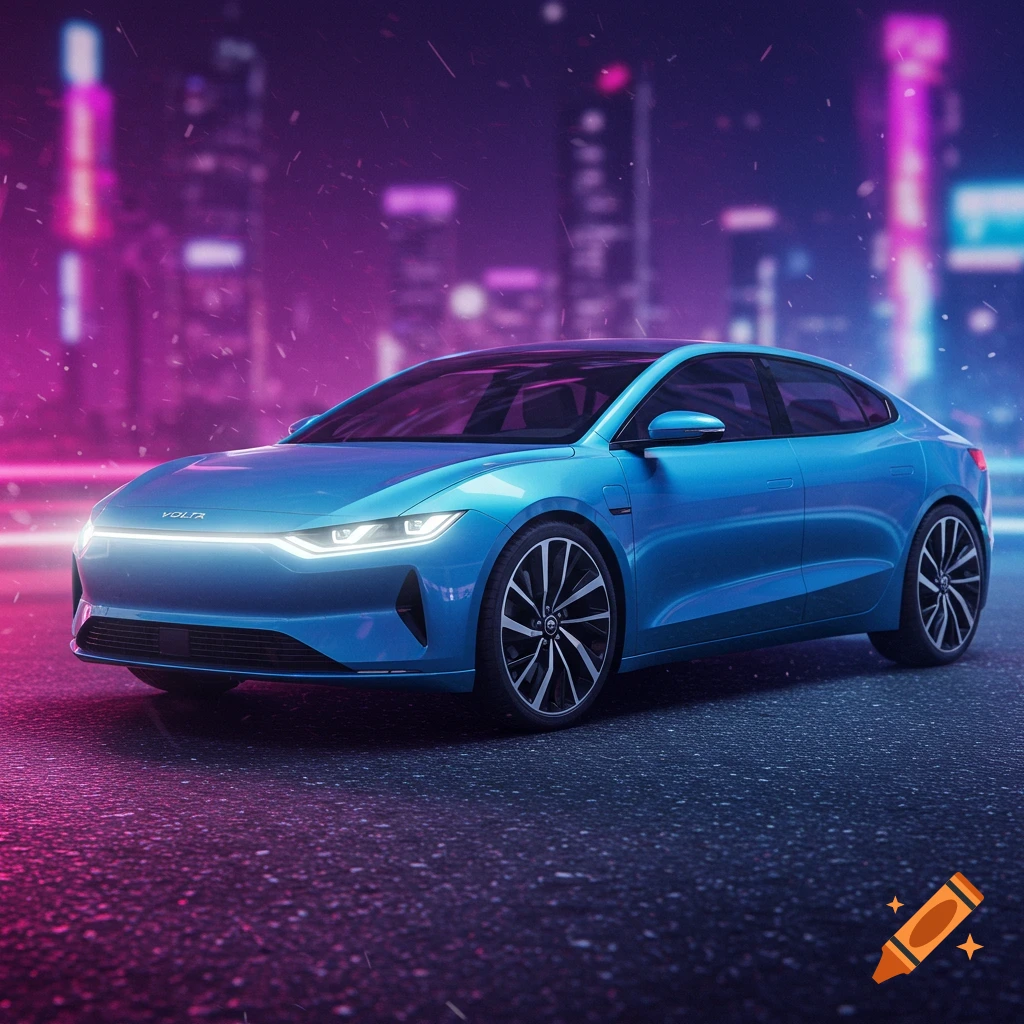 A blue electric car named Volta in a futuristic city at night with neon lights.