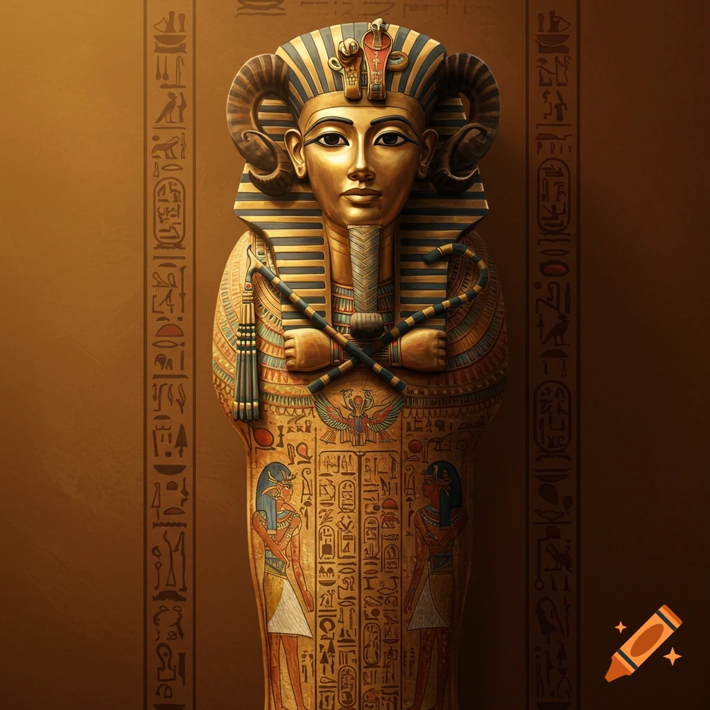 Detailed image of a golden ancient Egyptian pharaoh sarcophagus covered in hieroglyphics.