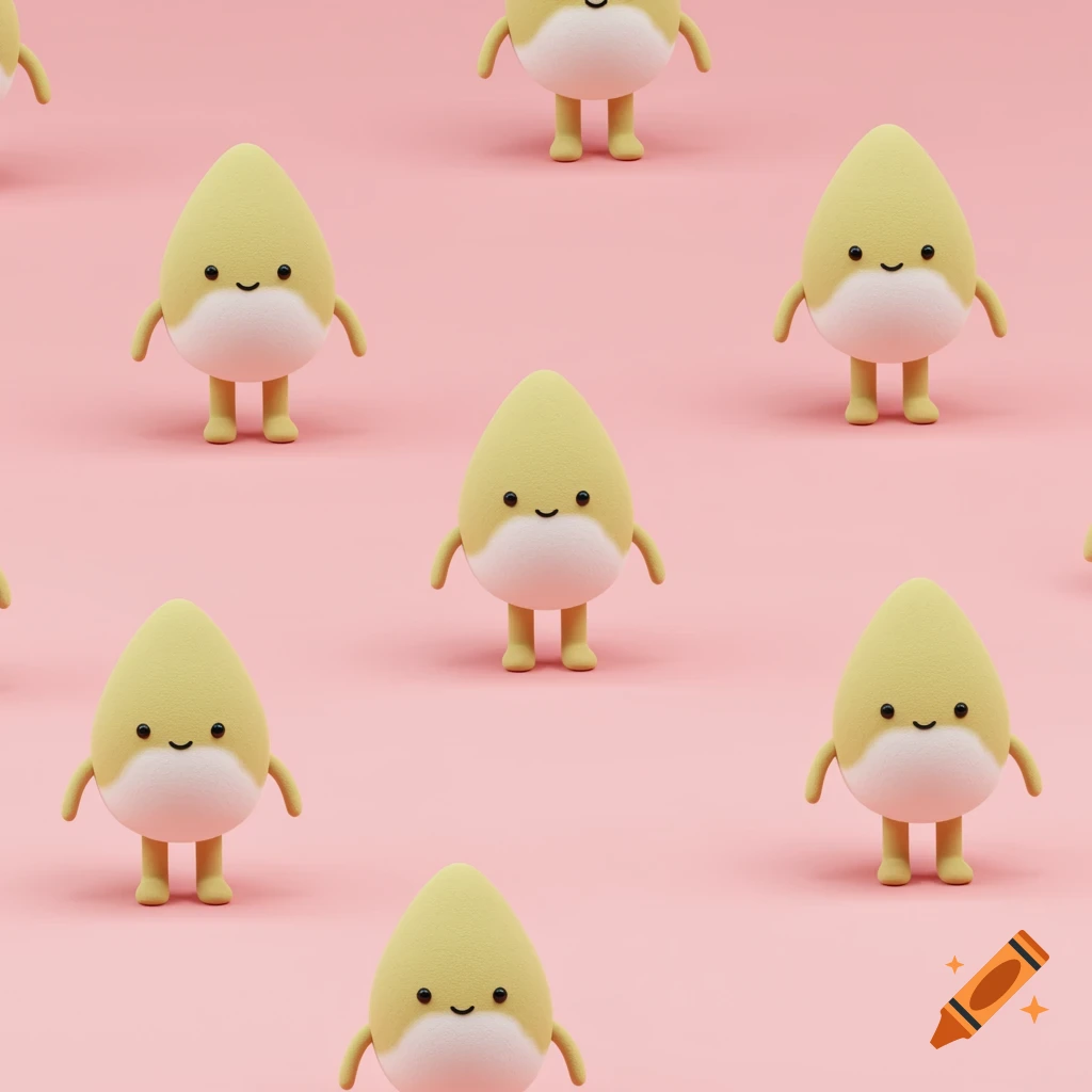 A seamless pattern of cute, teardrop-shaped cartoon characters on a pink background.