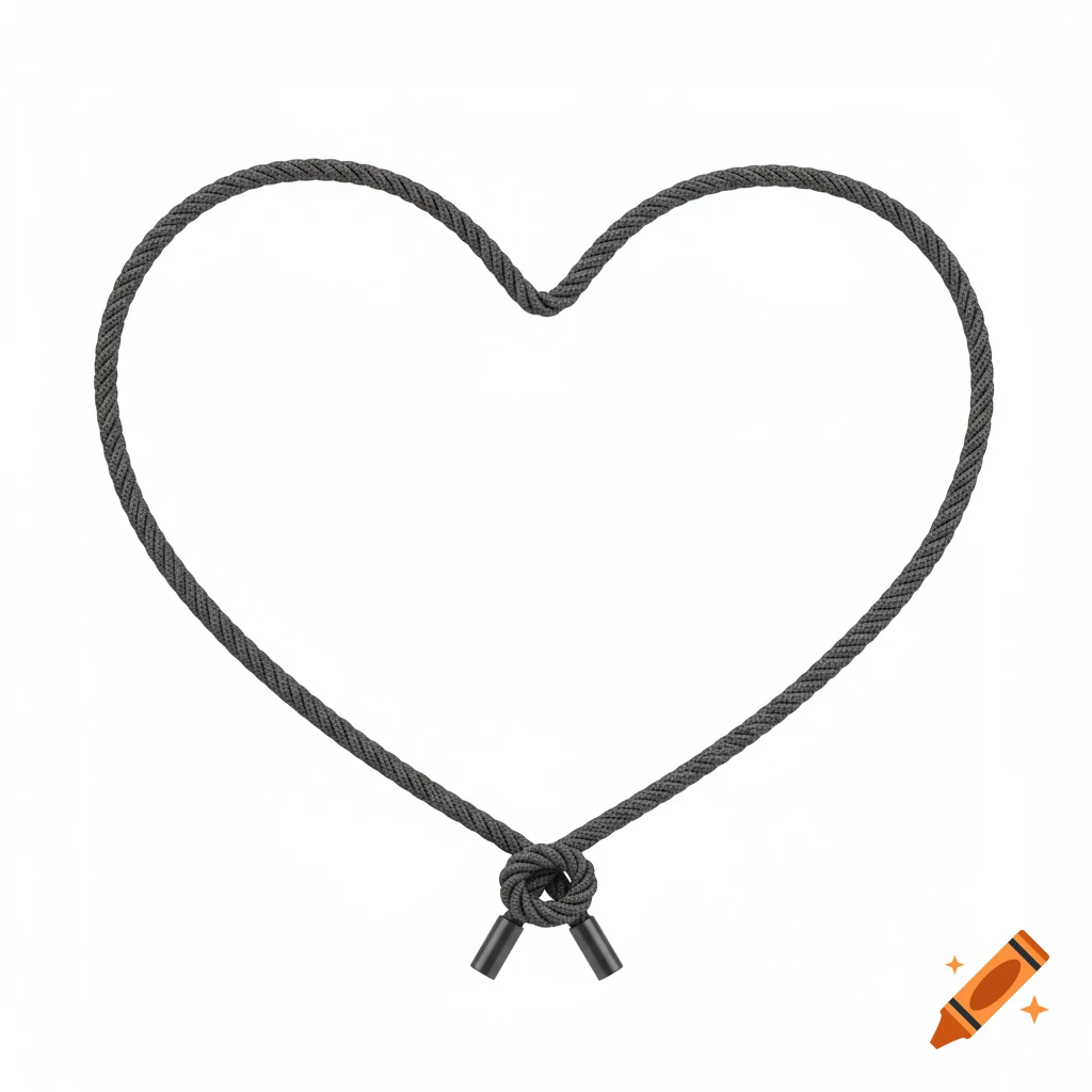 A heart shape formed by dark gray rope with a knot at the bottom on a white background.