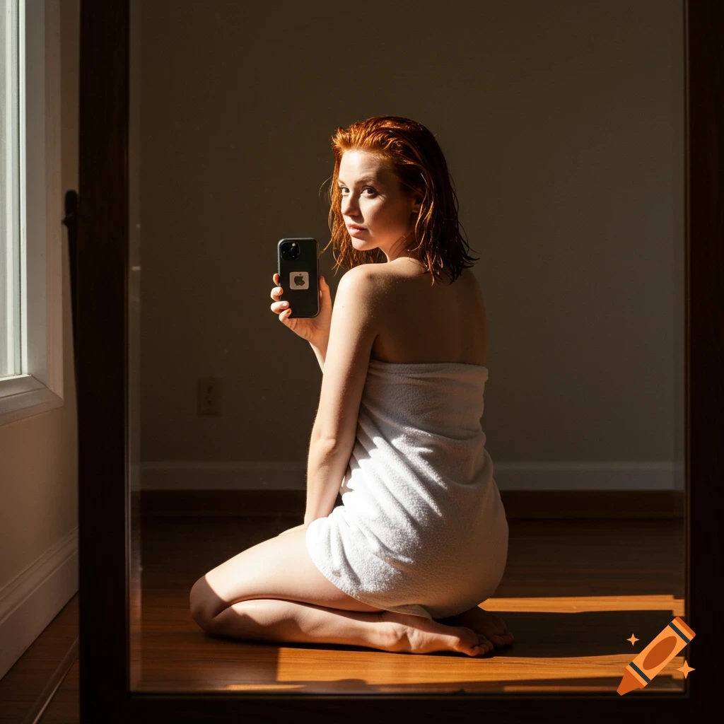 A woman in a towel kneels and takes a mirror selfie with her phone in sunlight.