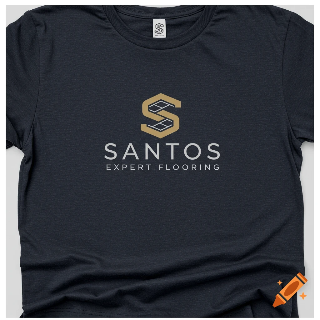 Dark blue t-shirt with a gold and white logo and the text Santos Expert Flooring