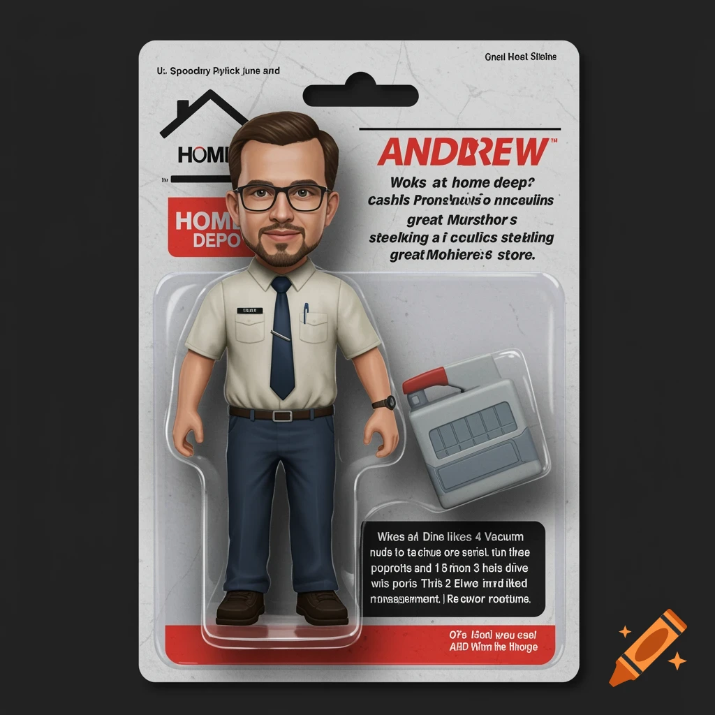Action figure in blister packaging of a man in a shirt and tie, labeled 'Andrew', with a vacuum accessory.